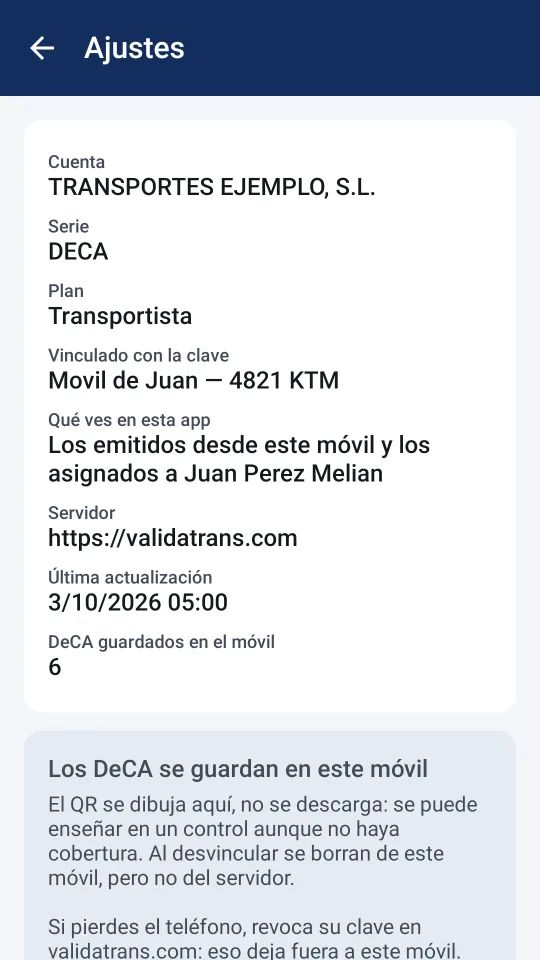Ajustes de la app con la cuenta vinculada, el consumo del mes y el boton de desvincular