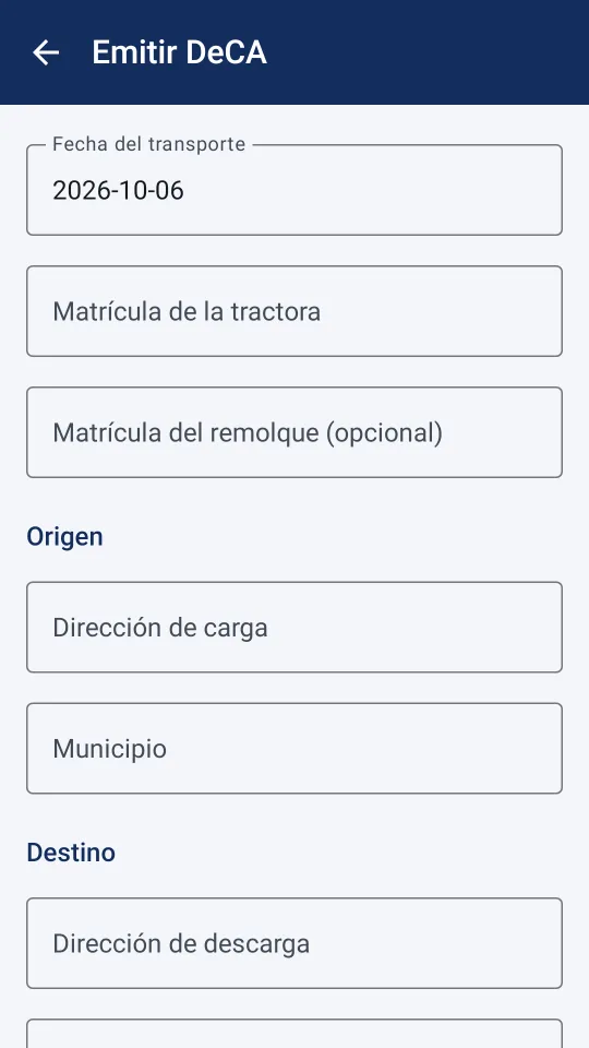 Formulario de emision de un DeCA en el movil: fecha, matriculas, origen, destino y mercancia
