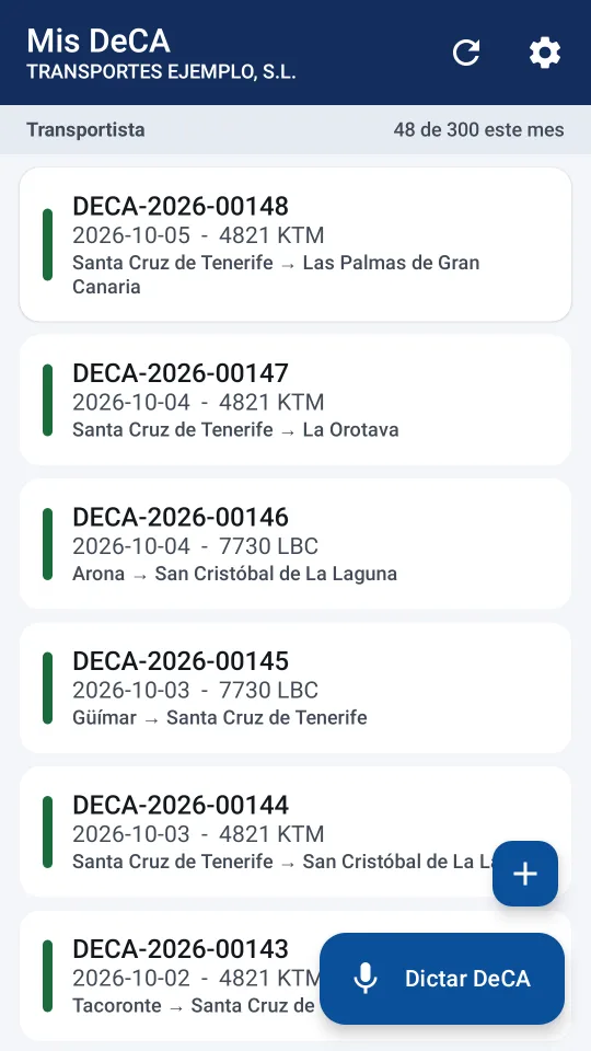 Lista de los DeCA de la cuenta en el movil, con su numero, matricula y estado