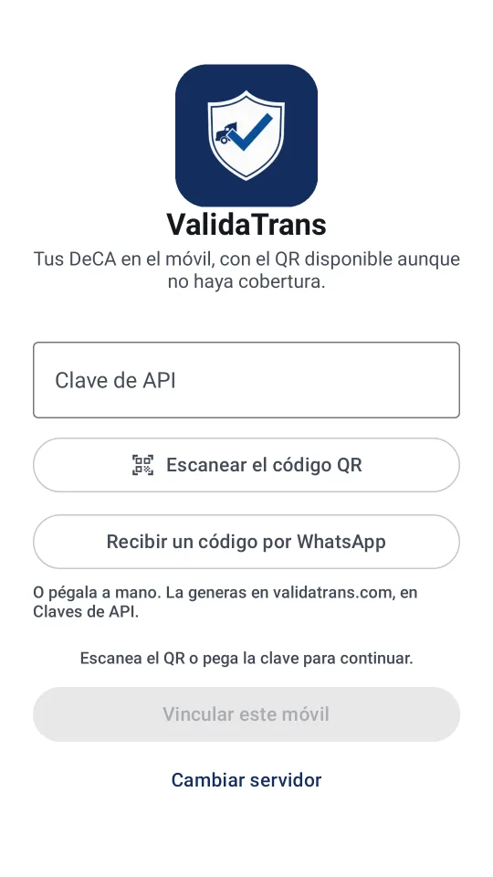 Pantalla de vinculacion: se escanea el QR de la clave de API o se pega a mano